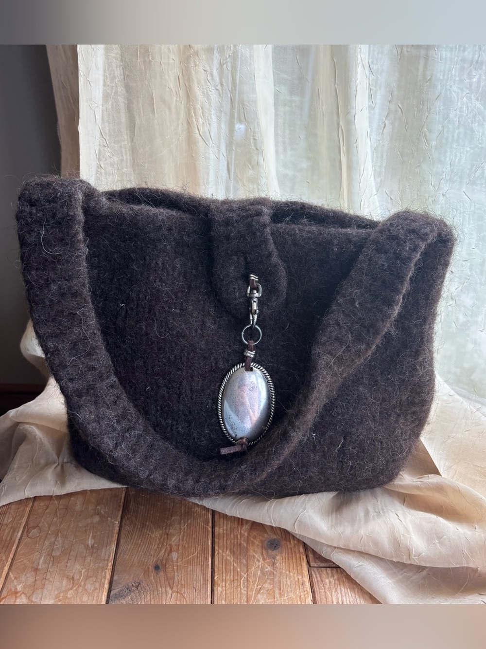 Handcrafted Dark Brown Felt Shoulder Bag with Western Pendant Charm